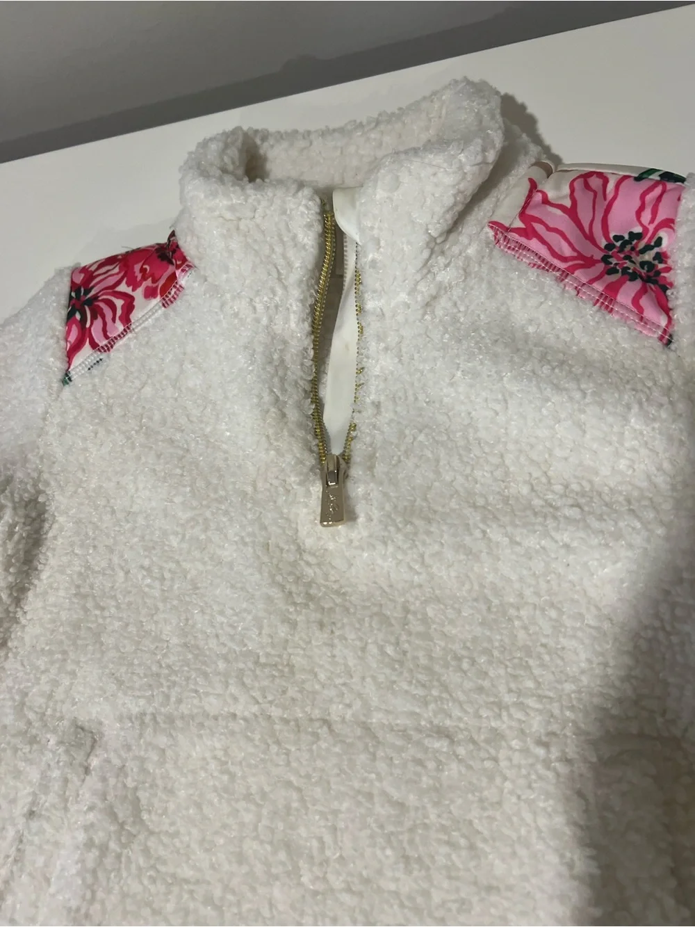 Lilly Pulitzer Cream Sherpa Jacket with Pink Floral Accents